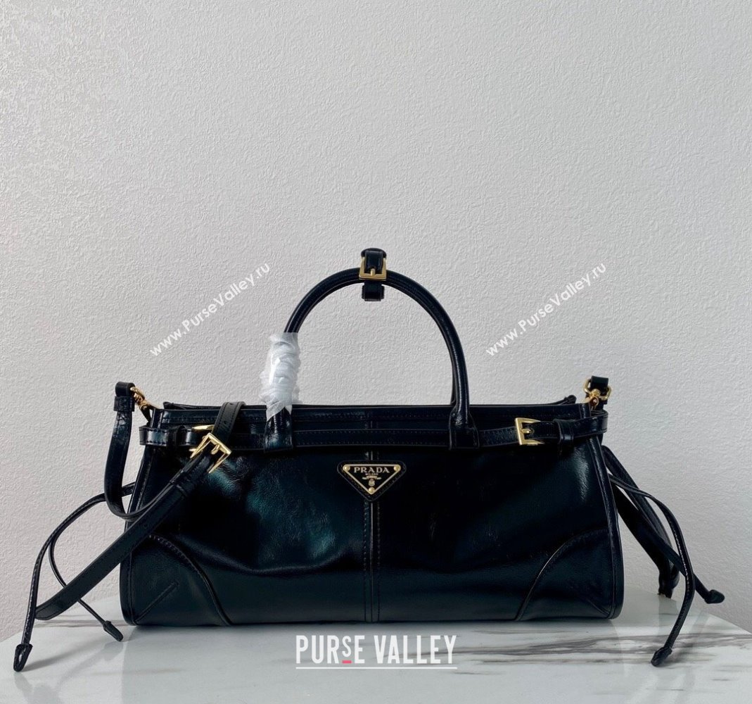 Prada Medium shiny leather top handbag 1BA426 Black 2024 (YZ-240220022)