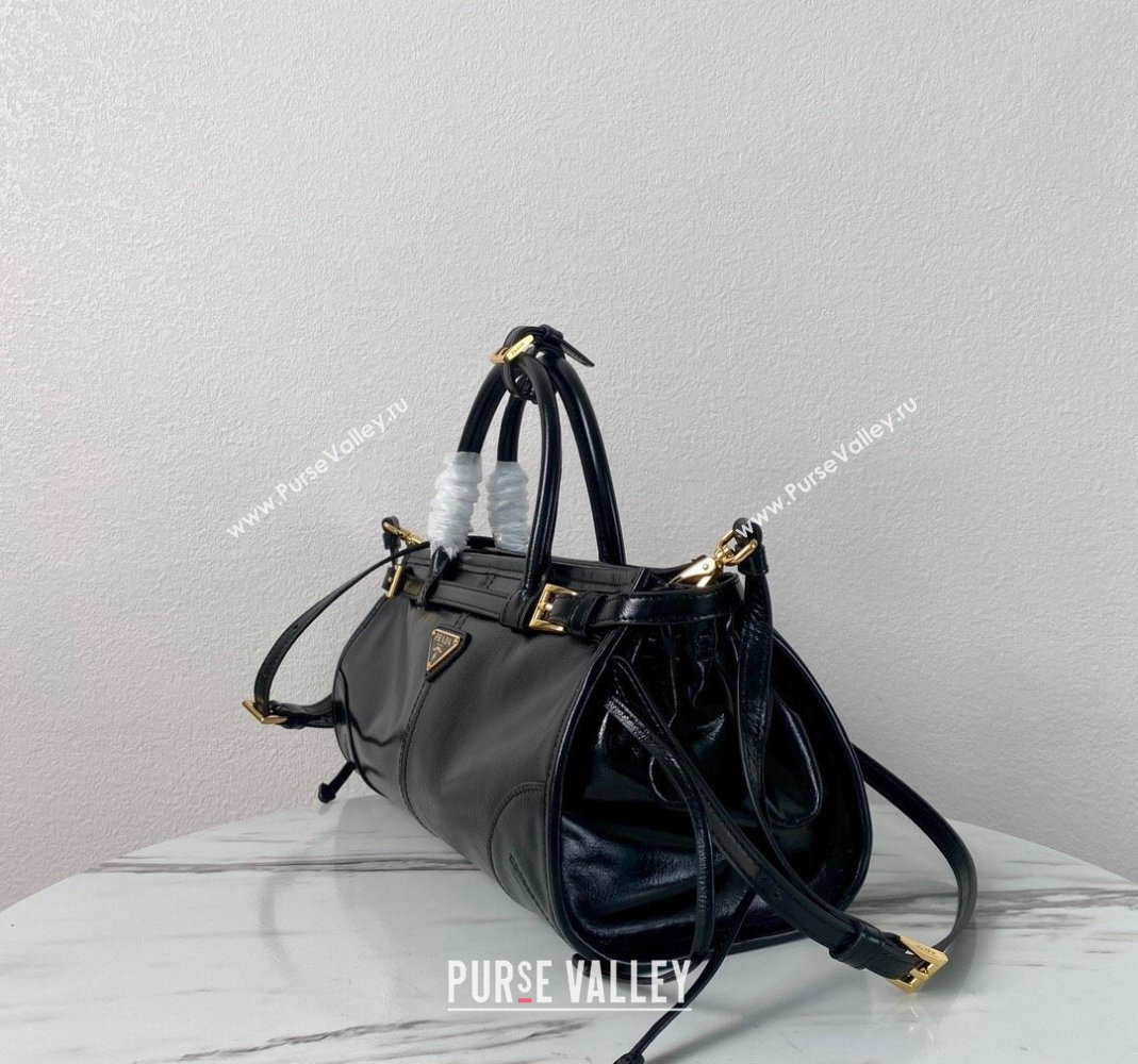 Prada Medium shiny leather top handbag 1BA426 Black 2024 (YZ-240220022)