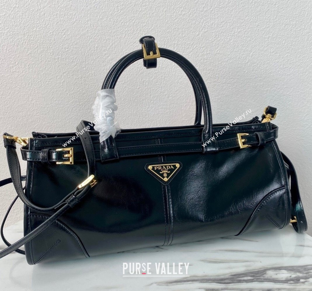 Prada Medium shiny leather top handbag 1BA426 Black 2024 (YZ-240220022)