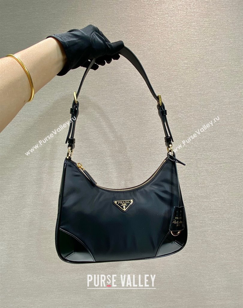 Prada Nylon and Leather Hobo Bag 1BC214 Black 2024 (YZ-240312089)