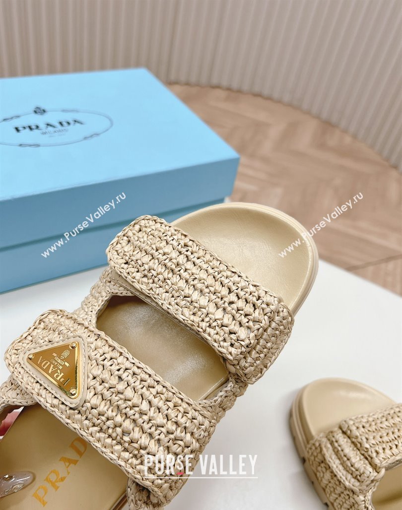 Prada Crochet Raffia-Like Flat Sandals Beige 2024 032702 (MD-240327111)