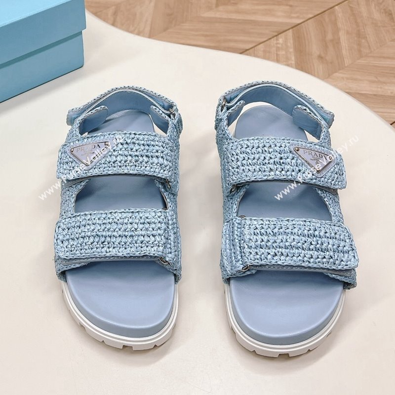 Prada Crochet Raffia-Like Flat Sandals Light Blue 2024 032702 (MD-240327113)