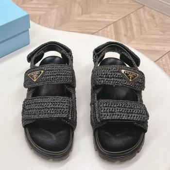 Prada Crochet Raffia-Like Flat Sandals Black 2024 032702 (MD-240327110)