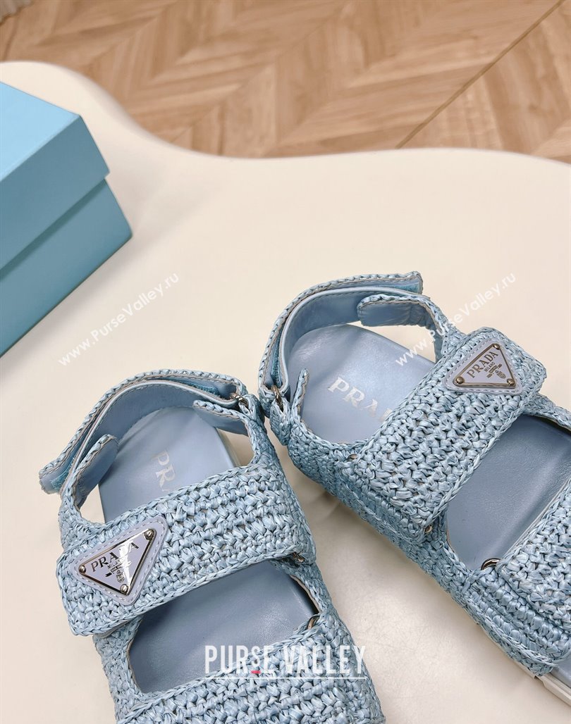 Prada Crochet Raffia-Like Flat Sandals Light Blue 2024 032702 (MD-240327113)