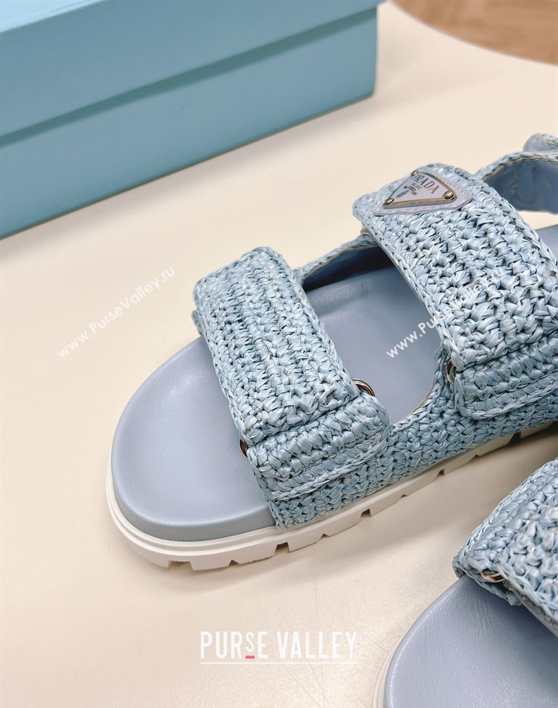 Prada Crochet Raffia-Like Flat Sandals Light Blue 2024 032702 (MD-240327113)