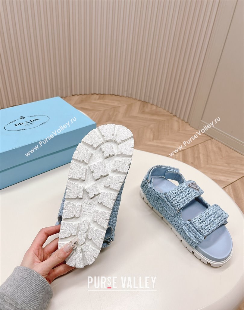 Prada Crochet Raffia-Like Flat Sandals Light Blue 2024 032702 (MD-240327113)