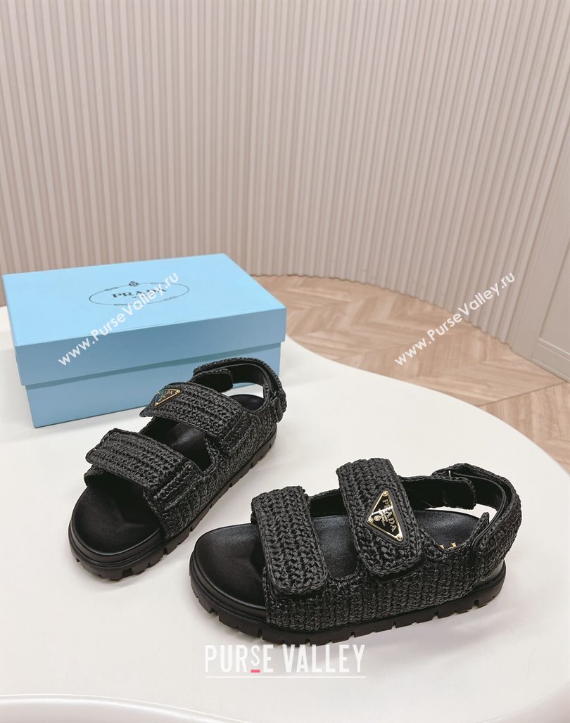 Prada Crochet Raffia-Like Flat Sandals Black 2024 032702 (MD-240327110)