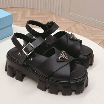 Prada Leather Platform Sandals 5.5cm with Cross Strap Black 2024 0327 (MD-240327117)