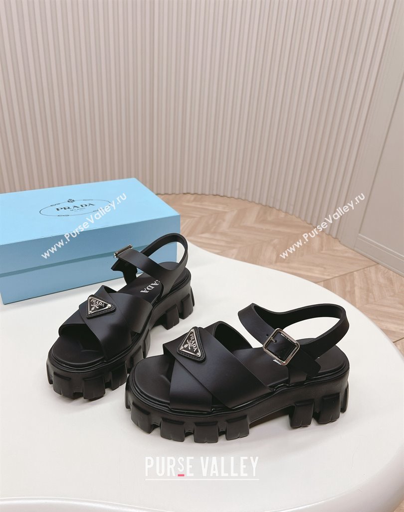 Prada Leather Platform Sandals 5.5cm with Cross Strap Black 2024 0327 (MD-240327117)