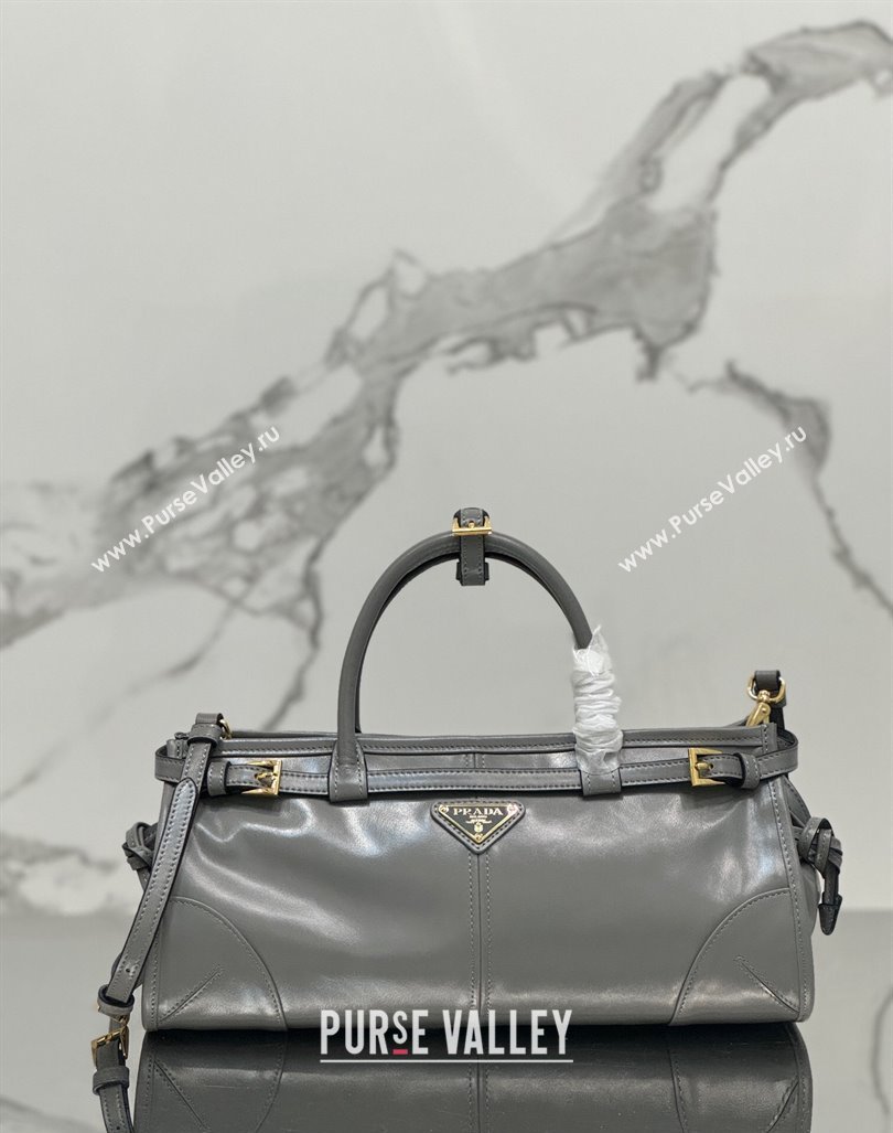 Prada Medium shiny leather top handbag 1BA426 Grey 2024 (YZ-240417003)