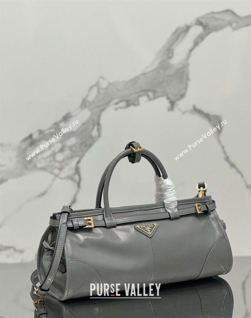 Prada Medium shiny leather top handbag 1BA426 Grey 2024 (YZ-240417003)