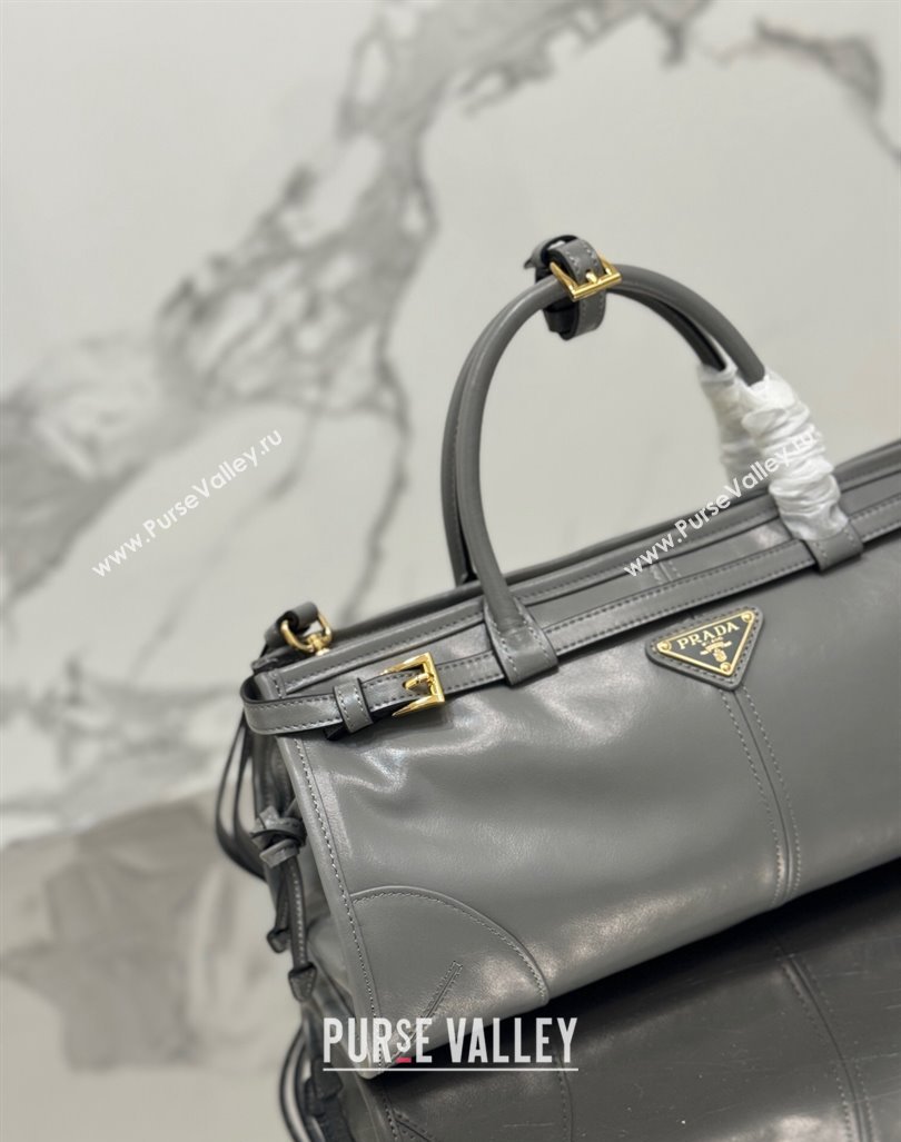 Prada Medium shiny leather top handbag 1BA426 Grey 2024 (YZ-240417003)
