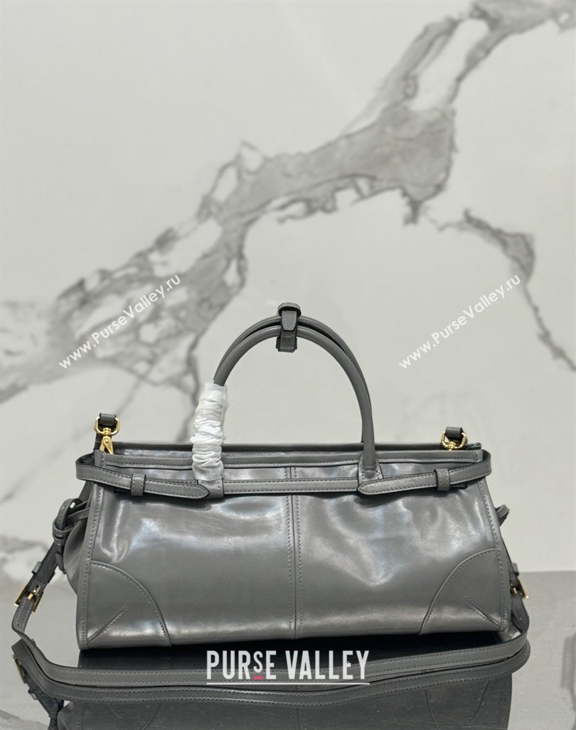 Prada Medium shiny leather top handbag 1BA426 Grey 2024 (YZ-240417003)