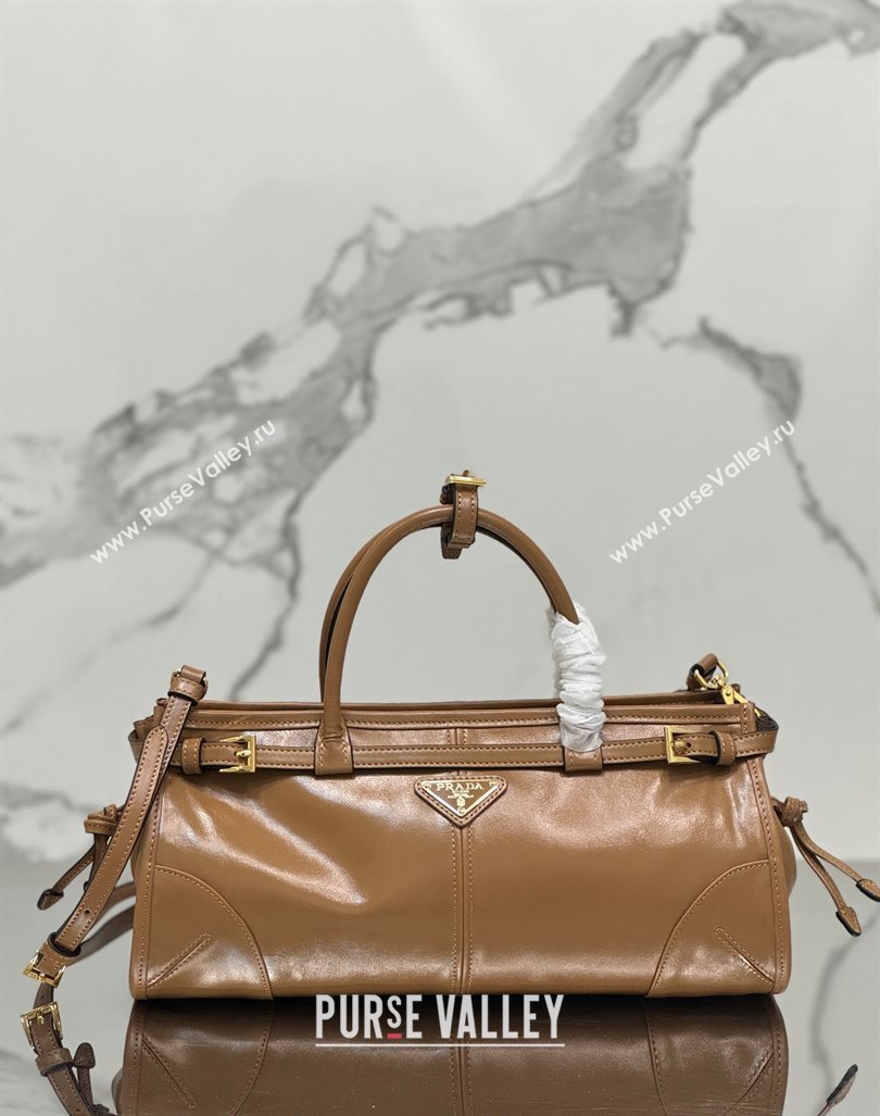 Prada Medium shiny leather top handbag 1BA426 Brown 2024 (YZ-240417005)