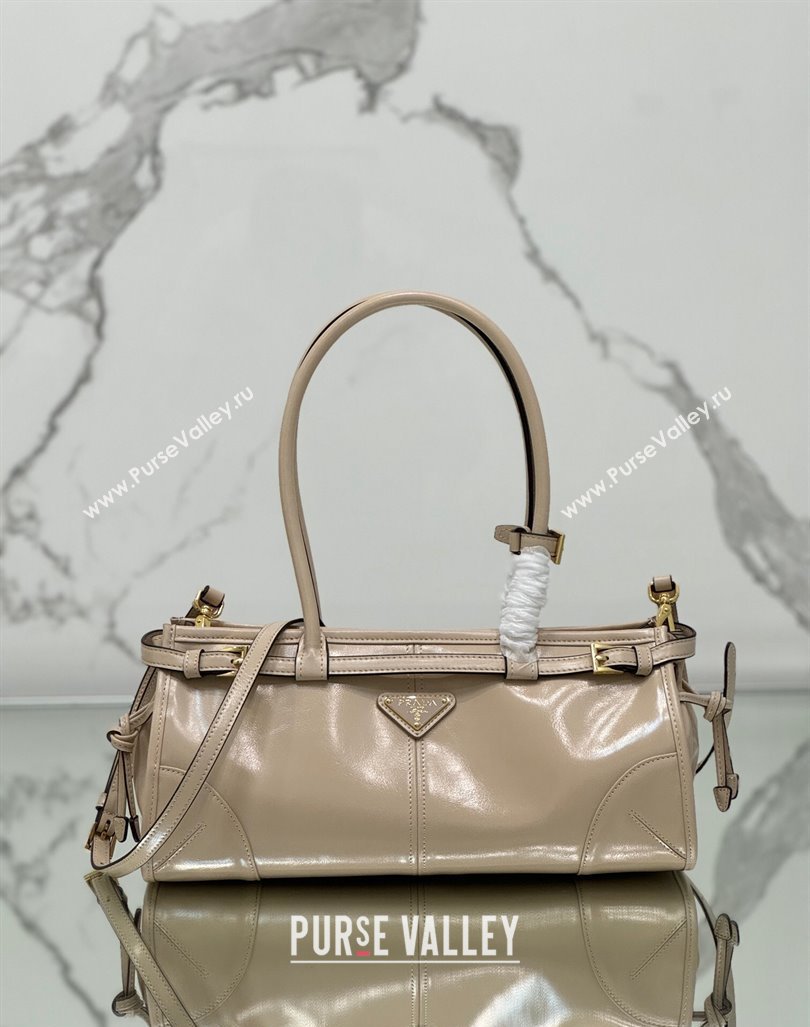 Prada Medium shiny leather handbag 1BA426 Nude 2024 (YZ-240417007)