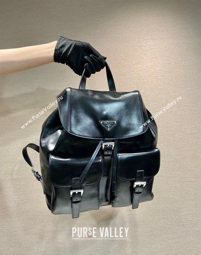 Prada Shiny leather medium backpack bag with pouch Black 2024 1BZ811 (YZ-240416047)