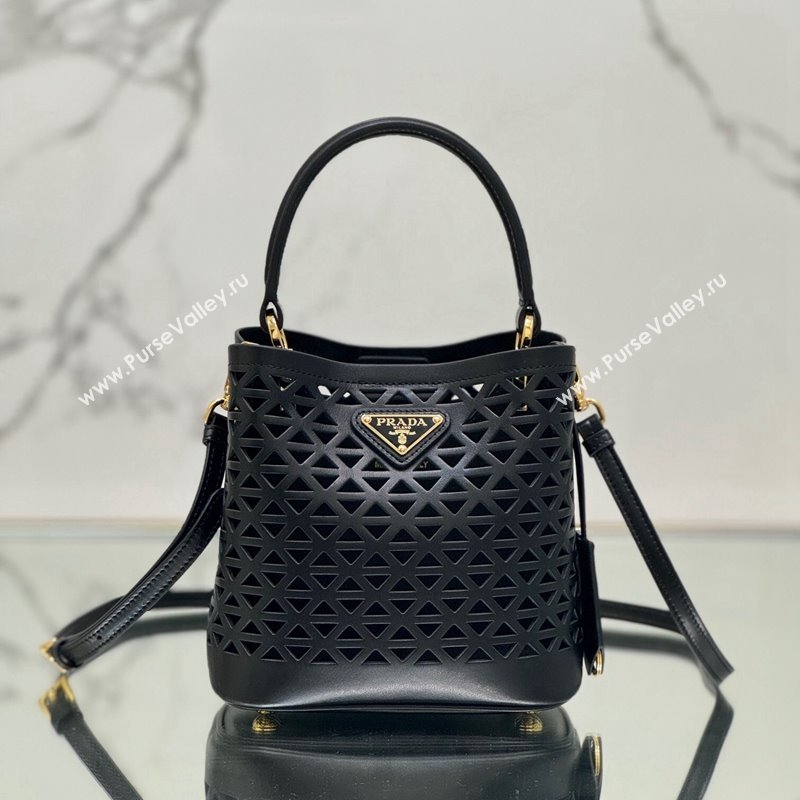 Prada Small Cutout Leather Panier Bucket Bag 1BA217 Black 2024 (YZ-240416061)