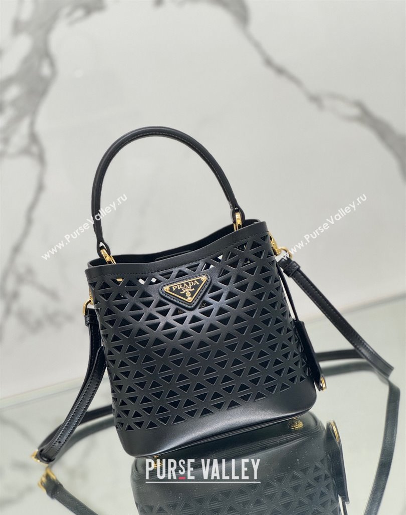 Prada Small Cutout Leather Panier Bucket Bag 1BA217 Black 2024 (YZ-240416061)