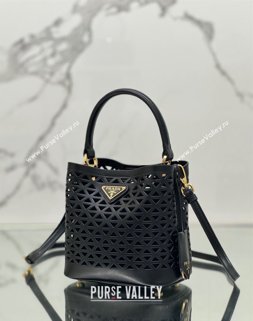 Prada Small Cutout Leather Panier Bucket Bag 1BA217 Black 2024 (YZ-240416061)