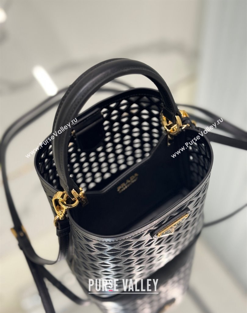 Prada Small Cutout Leather Panier Bucket Bag 1BA217 Black 2024 (YZ-240416061)