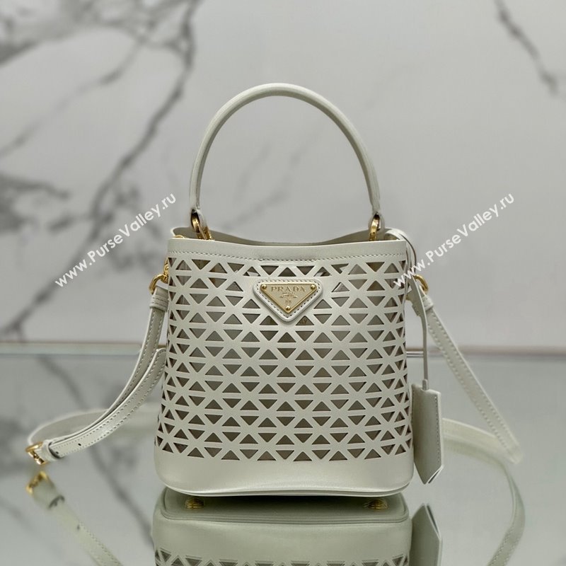 Prada Small Cutout Leather Panier Bucket Bag 1BA217 White 2024 (YZ-240416062)