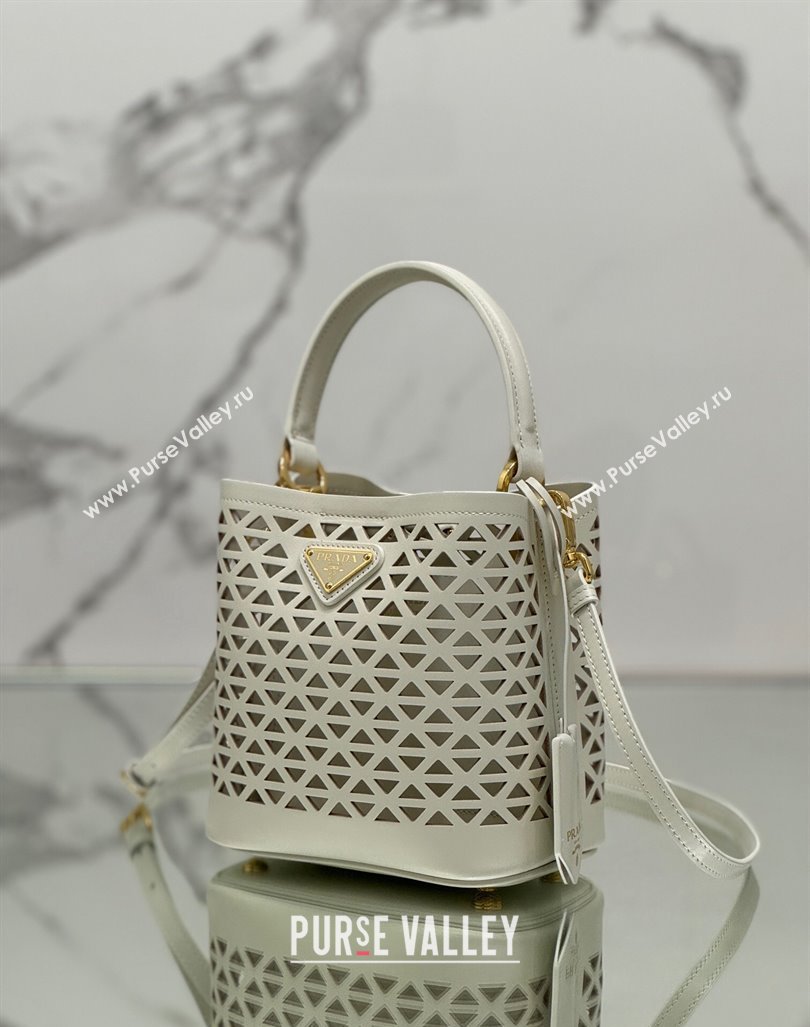 Prada Small Cutout Leather Panier Bucket Bag 1BA217 White 2024 (YZ-240416062)