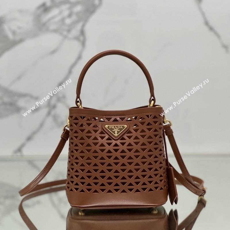 Prada Small Cutout Leather Panier Bucket Bag 1BA217 Brown 2024 (YZ-240416063)