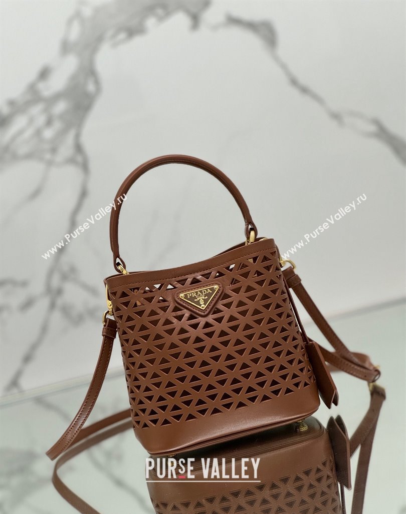 Prada Small Cutout Leather Panier Bucket Bag 1BA217 Brown 2024 (YZ-240416063)