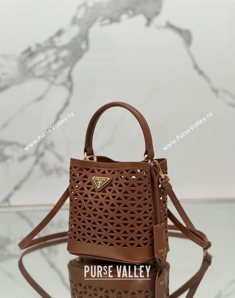 Prada Small Cutout Leather Panier Bucket Bag 1BA217 Brown 2024 (YZ-240416063)