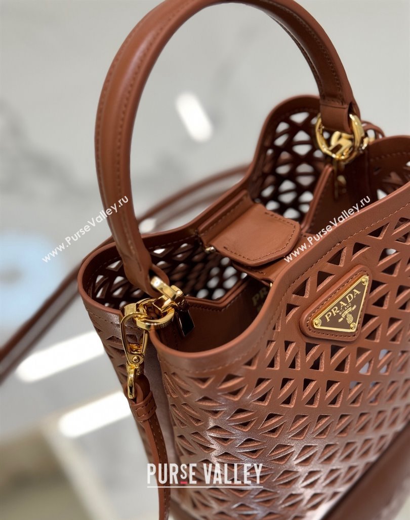 Prada Small Cutout Leather Panier Bucket Bag 1BA217 Brown 2024 (YZ-240416063)