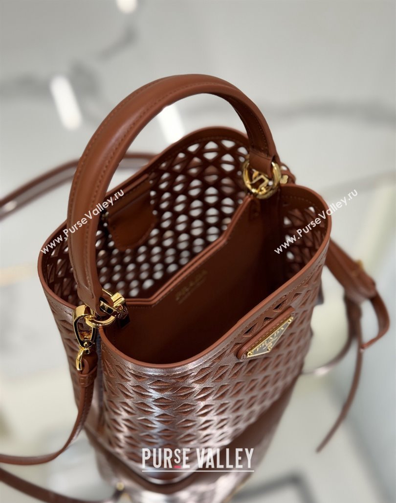 Prada Small Cutout Leather Panier Bucket Bag 1BA217 Brown 2024 (YZ-240416063)