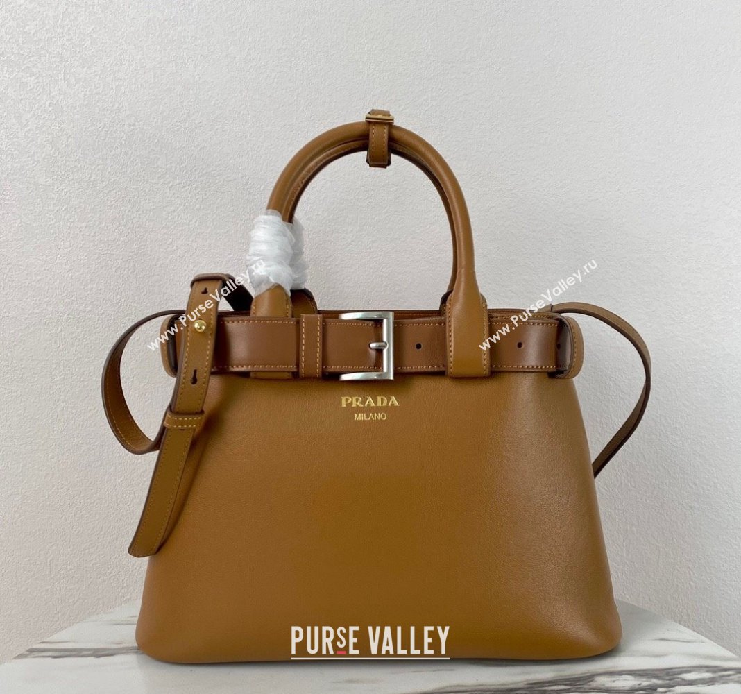 Prada Buckle medium leather handbag with belt 1BA434 Brown 2024 (YZ-240416035)