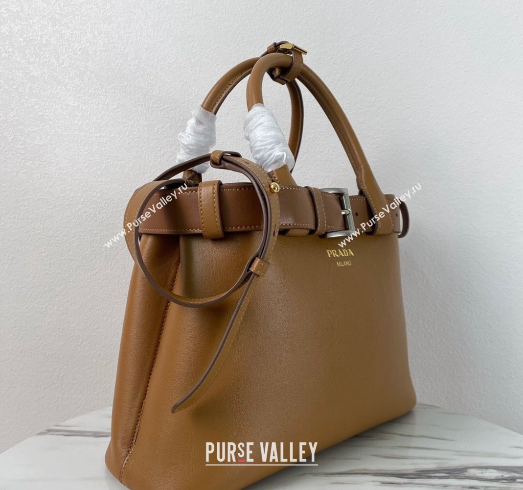 Prada Buckle medium leather handbag with belt 1BA434 Brown 2024 (YZ-240416035)