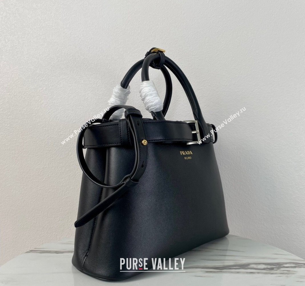 Prada Buckle medium leather handbag with belt 1BA434 Black 2024 (YZ-240416036)