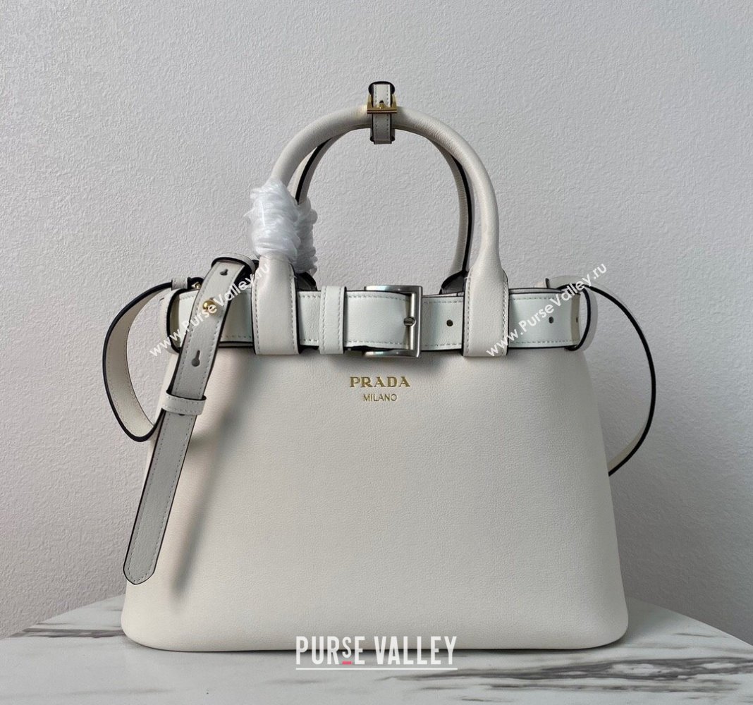 Prada Buckle medium leather handbag with belt 1BA434 White 2024 (YZ-240416037)