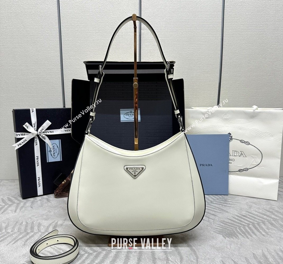 Prada Cleo Brushed Leather Shoulder Bag 1BC156 White/Black 2024 0416 (YZ-240416102)