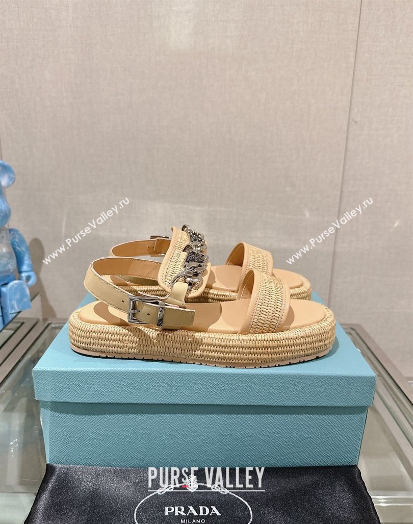 Prada Crochet Platform Flat Sandals with Chain Logo Beige 2024 0430 (MD-240430003)