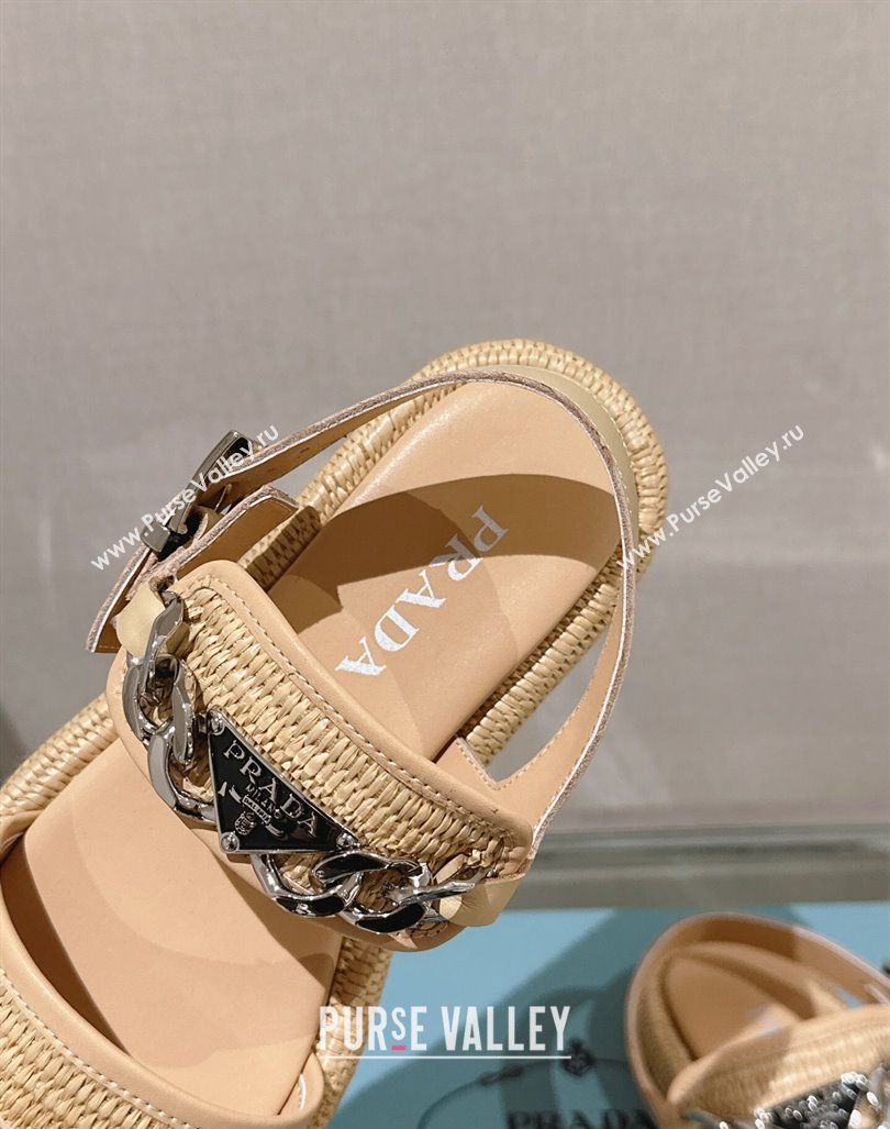 Prada Crochet Platform Flat Sandals with Chain Logo Beige 2024 0430 (MD-240430003)