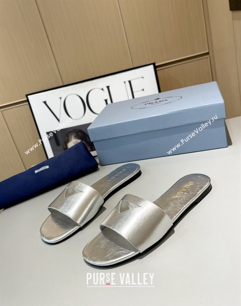 Prada Leather Flat Slide Sandals with Cut-out Triangle Silver 2024 (MD-240430103)