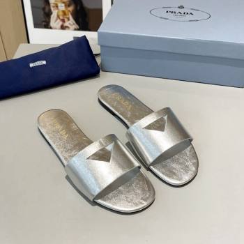 Prada Leather Flat Slide Sandals with Cut-out Triangle Silver 2024 (MD-240430103)