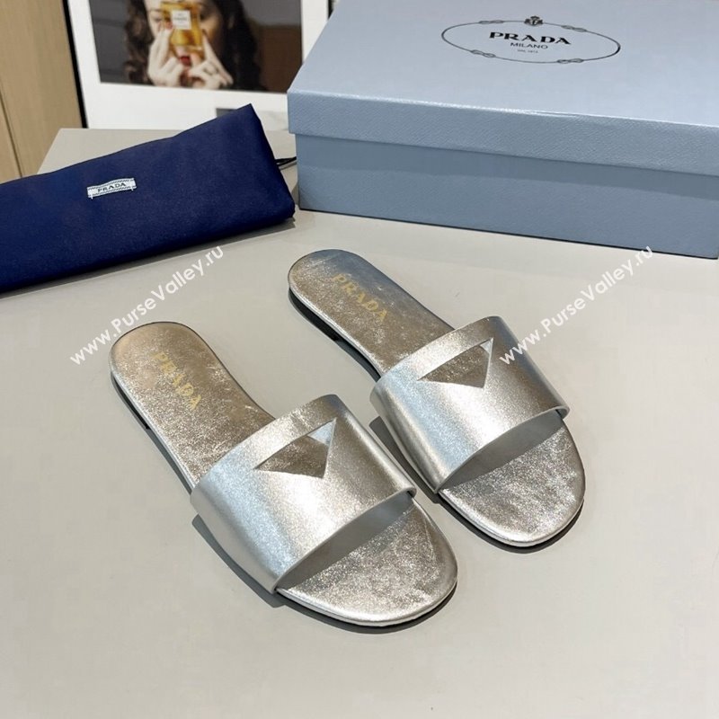 Prada Leather Flat Slide Sandals with Cut-out Triangle Silver 2024 (MD-240430103)