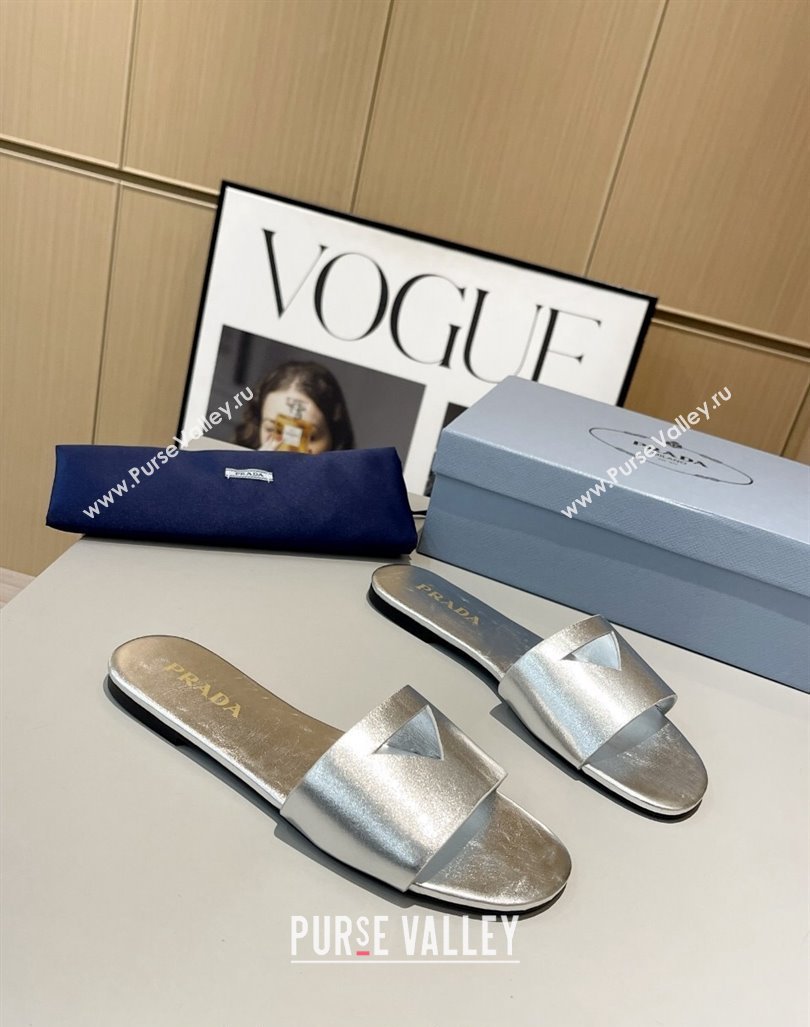 Prada Leather Flat Slide Sandals with Cut-out Triangle Silver 2024 (MD-240430103)