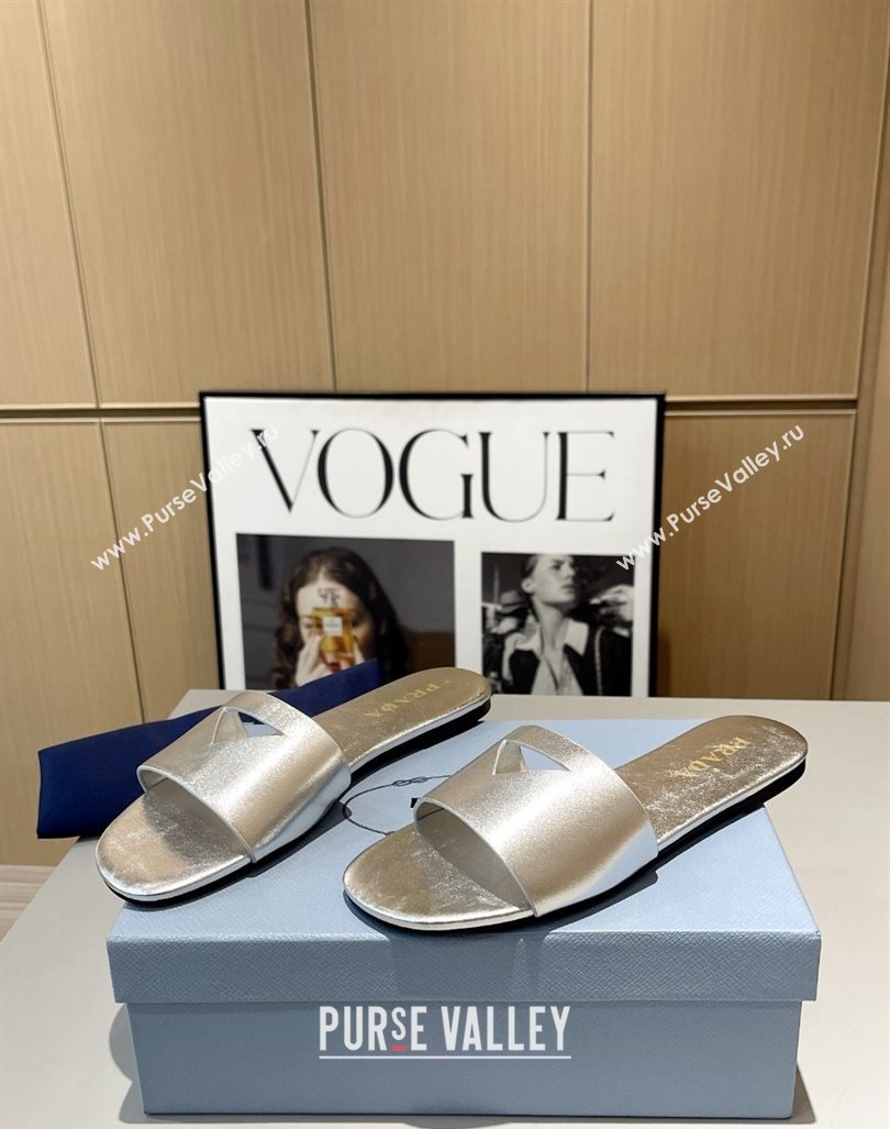 Prada Leather Flat Slide Sandals with Cut-out Triangle Silver 2024 (MD-240430103)