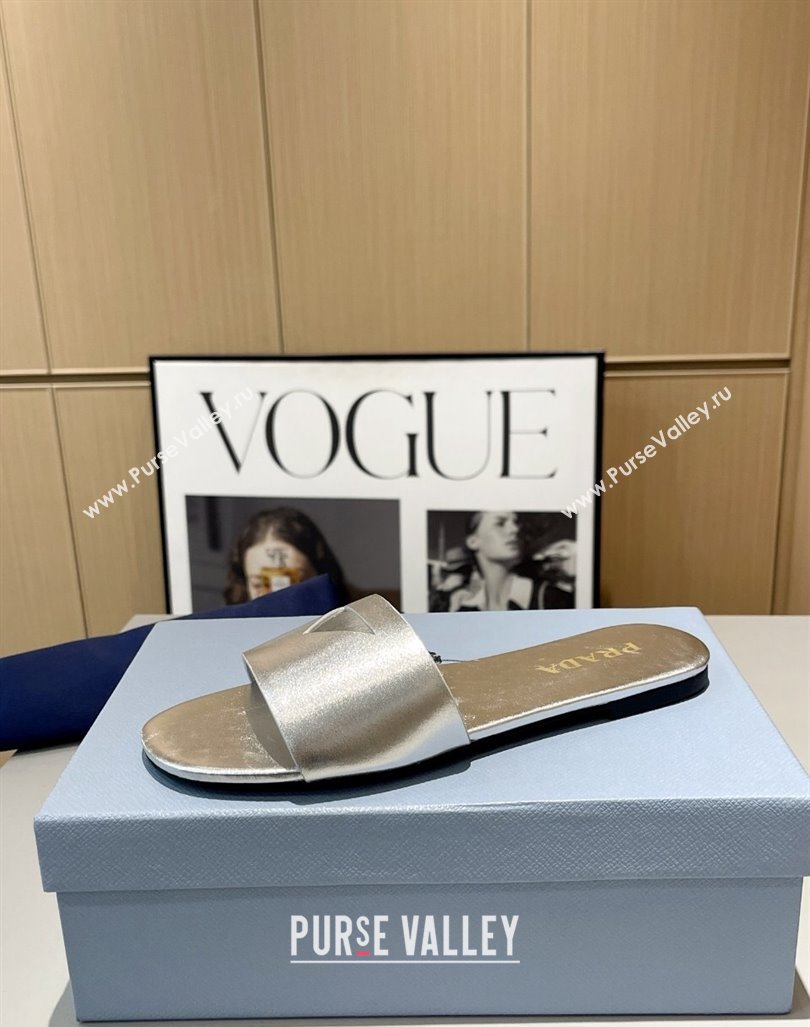 Prada Leather Flat Slide Sandals with Cut-out Triangle Silver 2024 (MD-240430103)