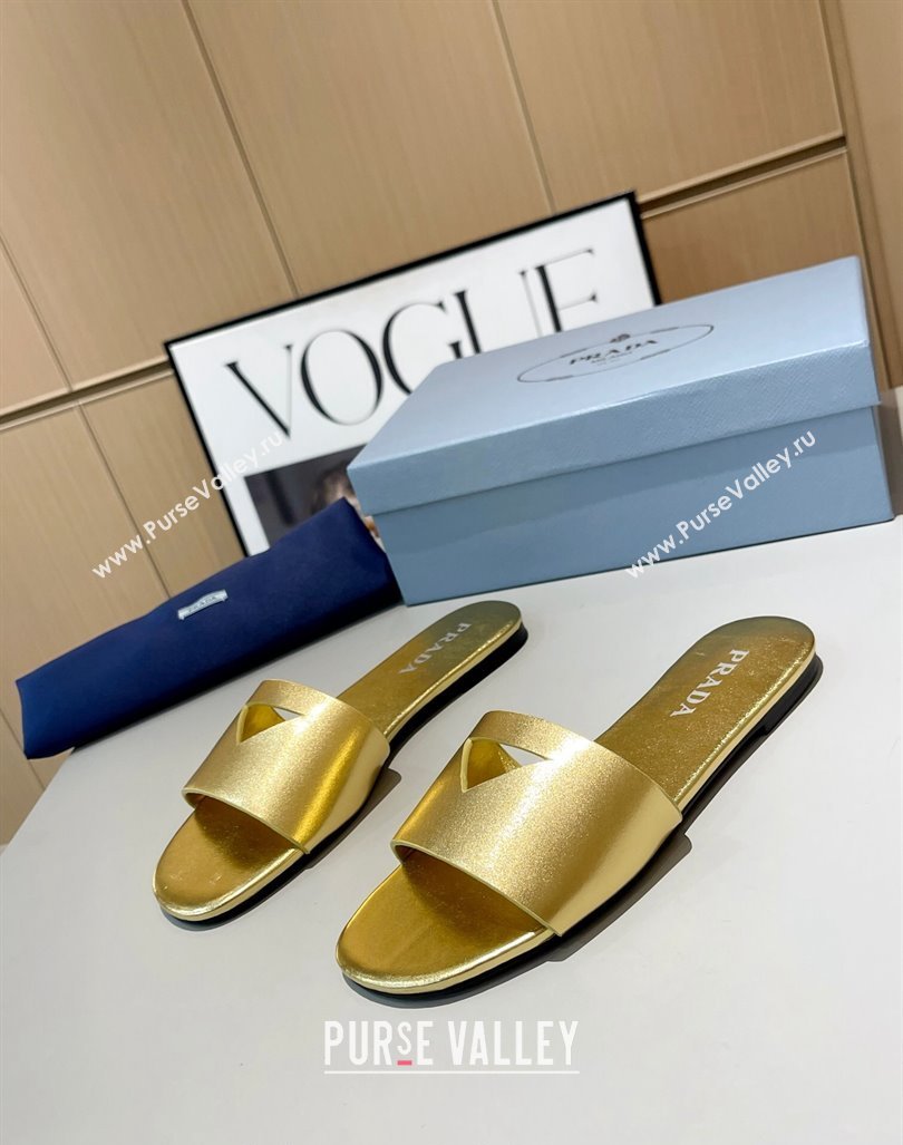 Prada Leather Flat Slide Sandals with Cut-out Triangle Gold 2024 0430 (MD-240430104)