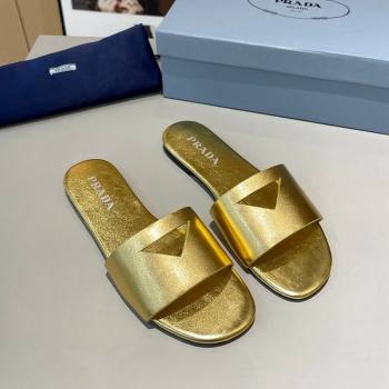 Prada Leather Flat Slide Sandals with Cut-out Triangle Gold 2024 0430 (MD-240430104)