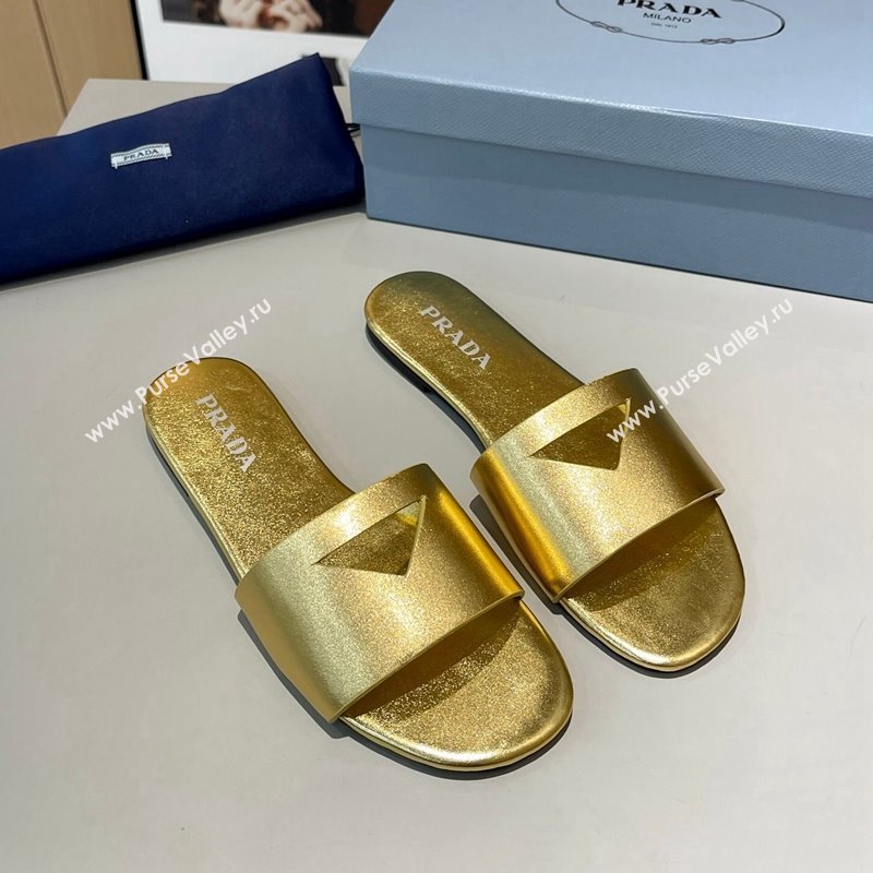 Prada Leather Flat Slide Sandals with Cut-out Triangle Gold 2024 0430 (MD-240430104)