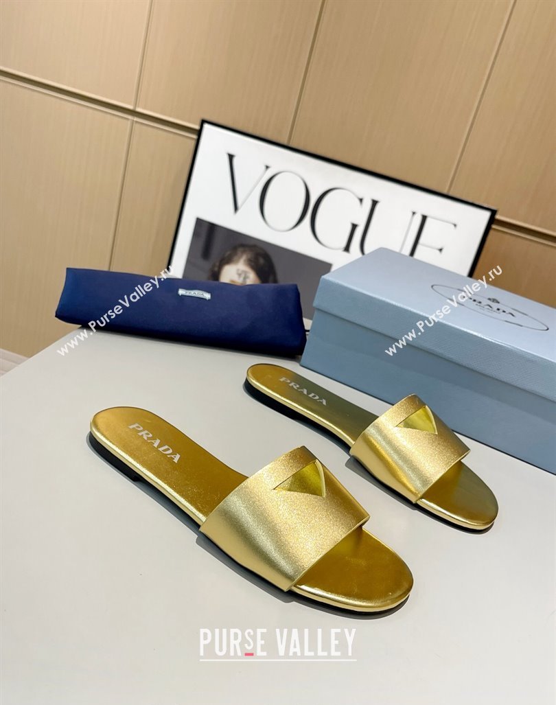 Prada Leather Flat Slide Sandals with Cut-out Triangle Gold 2024 0430 (MD-240430104)