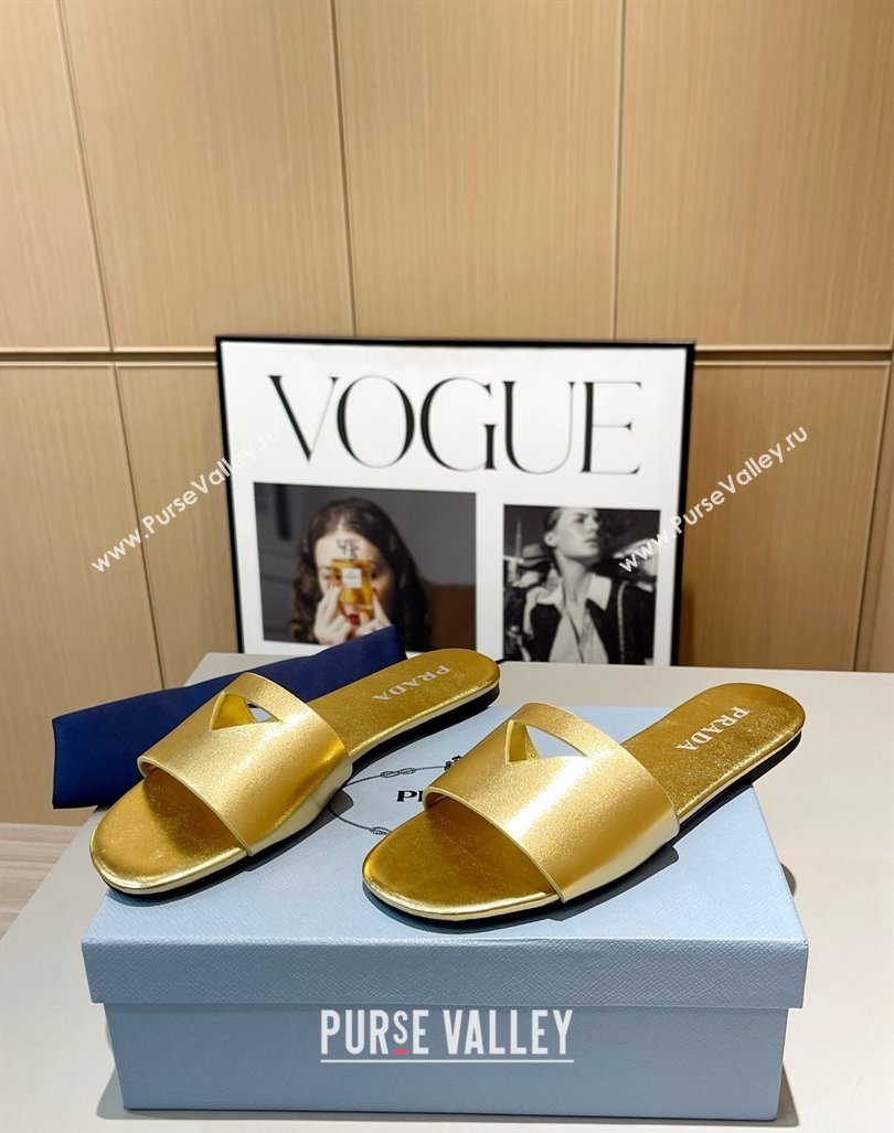 Prada Leather Flat Slide Sandals with Cut-out Triangle Gold 2024 0430 (MD-240430104)