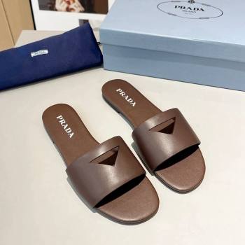 Prada Leather Flat Slide Sandals with Cut-out Triangle Dark Brown 2024 0430 (MD-240430105)